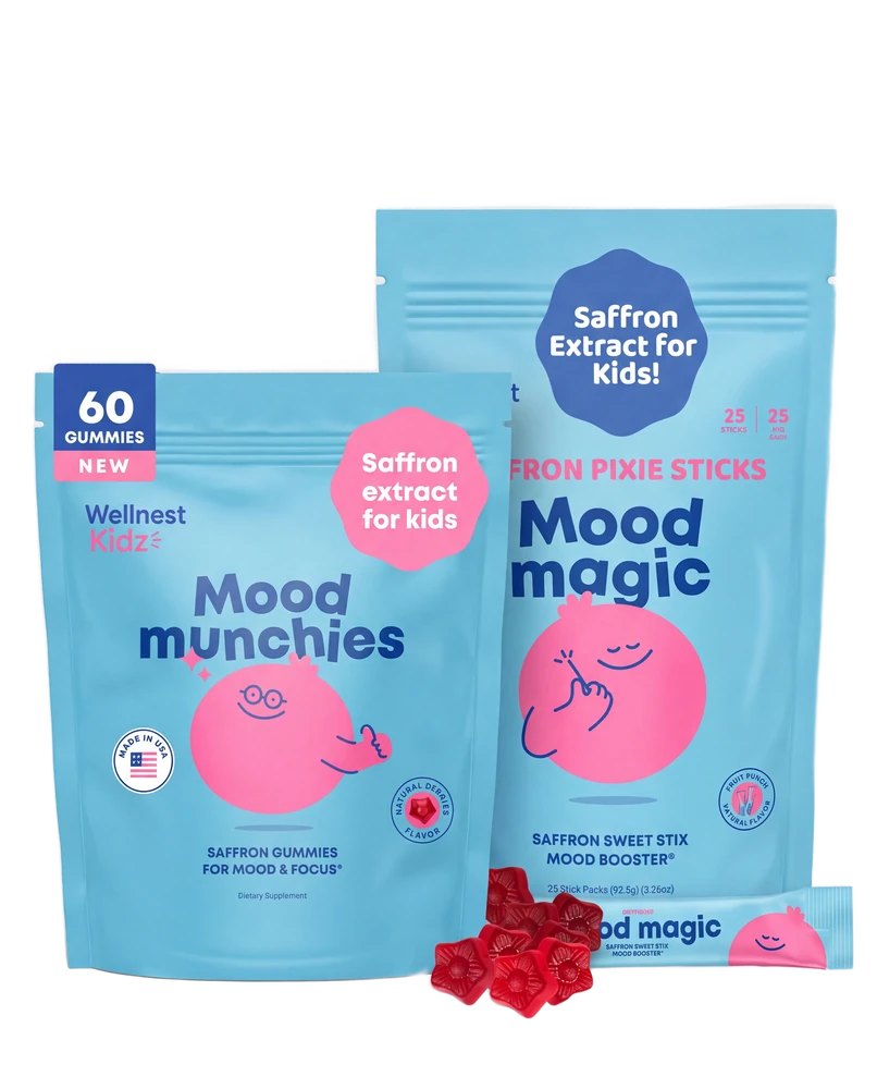 Wellnest Kidz Mood Munchies gummies and Mood Magic saffron pixie sticks together